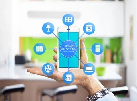 Using smart home app on phone. Smart home control concept. Photos