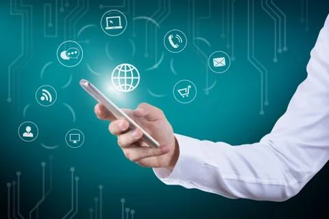 Using smart phone with application icons	 Stock Photos