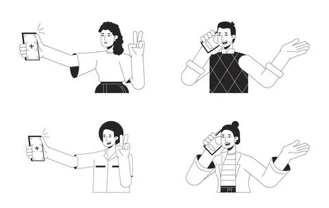 Using smart phone bw vector spot illustration set Stock-Illustration