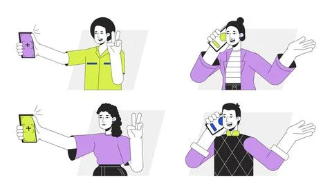 Using smart phone flat line vector spot illustration set Stock Illustration
