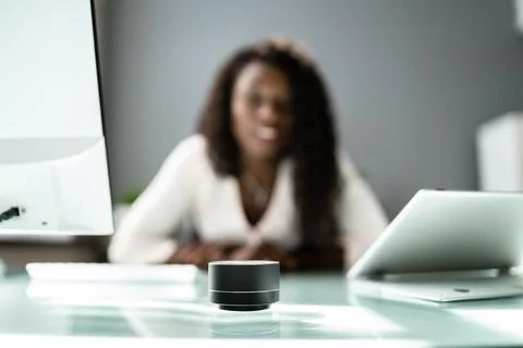 Using Smart Speaker And Voice Assistant. Listening Assistant Stock Photos