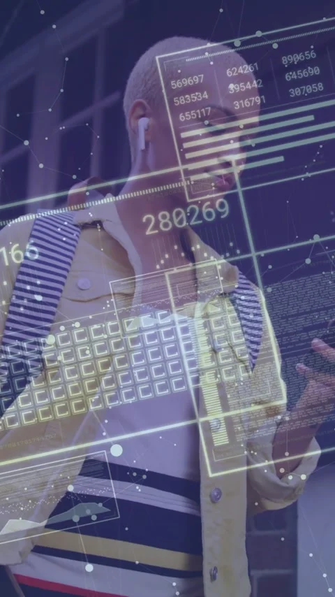 Using smartphone with animation of digital data, person in school environment Stock Footage 319974357