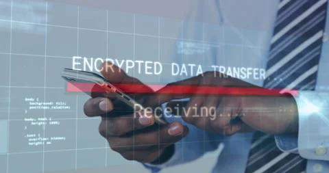 Using smartphone, businessperson receiving encrypted data transfer animation in Stock Footage 304015706