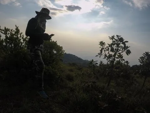 Using a smartphone to communicate in nature Stock Photos