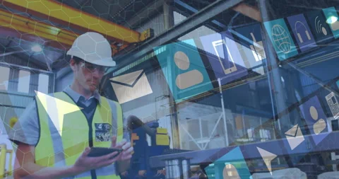 Using smartphone, construction worker with hard hat over digital icons animation Stock Footage 306432743