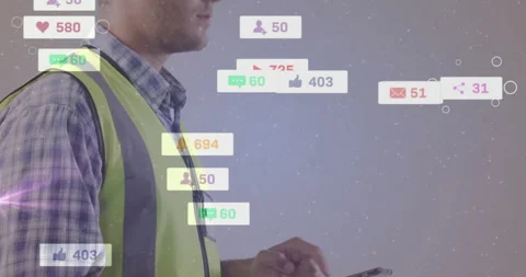 Using smartphone, construction worker surrounded by social media notifications Stock Footage 305292269