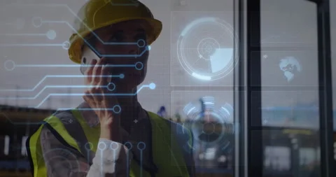 Using smartphone, construction worker viewing futuristic data animation in Stock Footage 305836733
