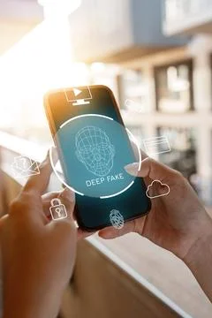 Using a smartphone to display deep fake technology in an urban setting at sunset Stock Photos