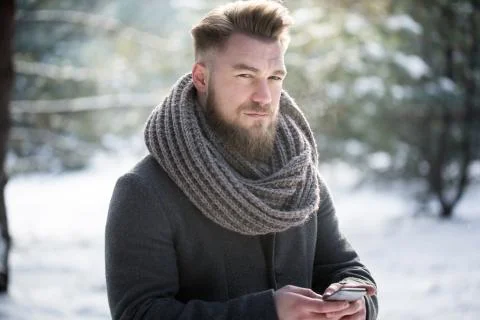 Using smartphone during winter Stock Photos