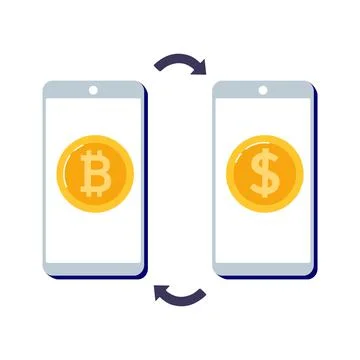 Using a smartphone to exchange dollars for bitcoin. Blockchain technologies Stock Illustration
