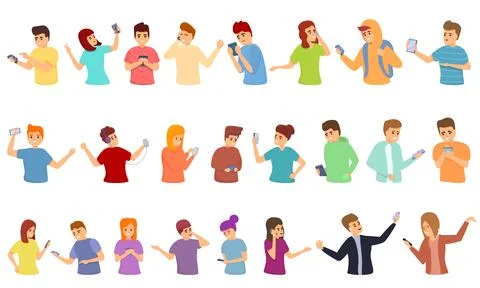 Using smartphone icons set, cartoon style Stock Illustration