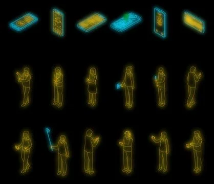 Using smartphone icons set vector neon Stock Illustration