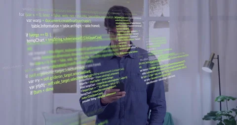 Using smartphone, man with green coding animation overlay in tech setting Stock Footage 305489170