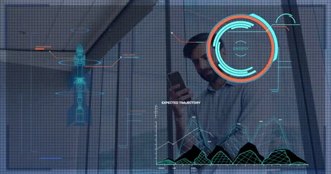 Using smartphone, man viewing animation of rocket launch data and graphs overlay Vídeos de archivo 306227518
