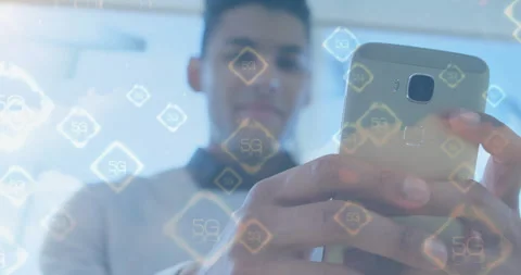 Using smartphone, person interacting with 5G technology animation in foreground Stock Footage 304015683