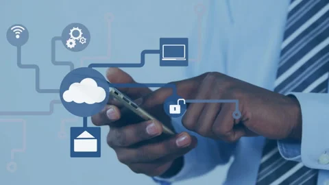 Using smartphone, person interacting with cloud computing and data security Stock Footage 305366698