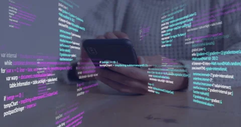Using smartphone, person viewing colorful programming code with animation in Stock Footage 306240901