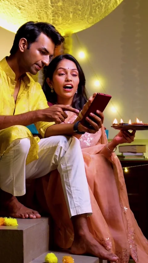 Using smartphone on stairs, Indian couple shops online on Diwali evening Stock Footage 342382297