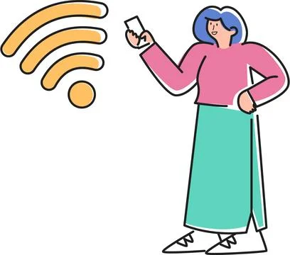 Using Smartphone, Standing Next to Wifi Signal Illustration - Connectivity &amp; Stock Illustration