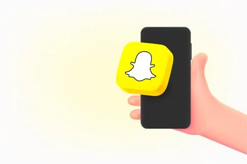 Using Snapchat applications via mobile phone. Vector 3d editorial illustrat.. Stock Illustration