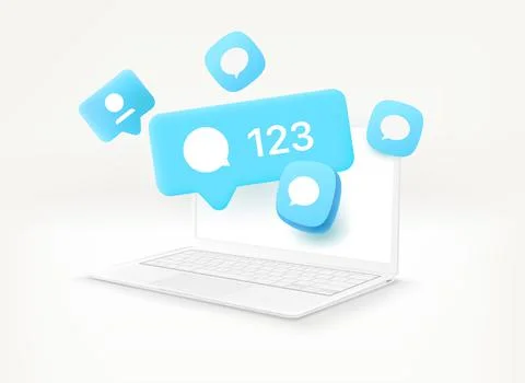 Using social media network communication via modern laptop. 3d vector illustr Stock Illustration