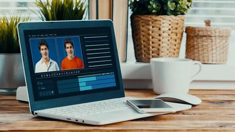 Using software to create a deep fake on a laptop at a desk with plants and a Foto stock