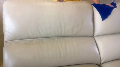 Using sponge and cloth cleaning a leather sofa 4K Stock Footage 76450869