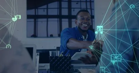 Using tablet, African American man interacting with digital interface at office Stock Illustration