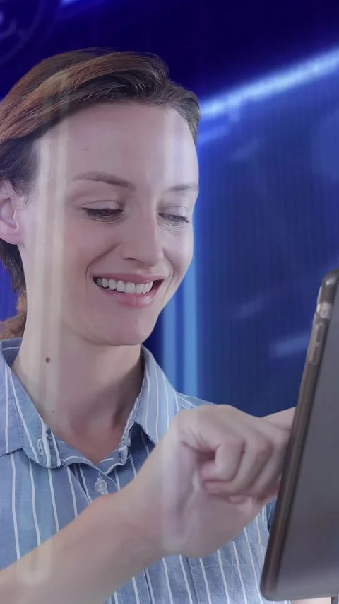 Using tablet with digital graphs, woman smiling with animation in background Stock Footage 344370303