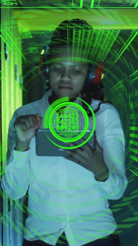 Using tablet with green digital data animation overlay in school setting Stock Footage 319727299