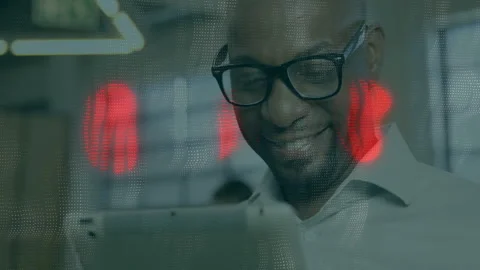 Using tablet, man with digital data and red animation graphics overlay Stock Footage 306241035