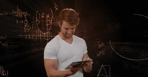 Using tablet, man surrounded by floating mathematical equations, focused on Illustrazione stock