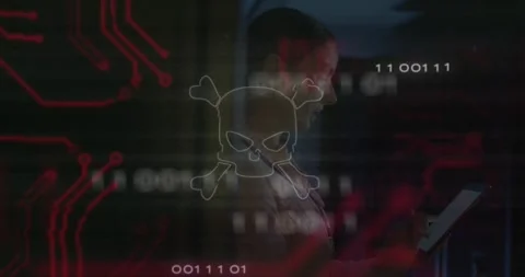 Using tablet, person with skull and crossbones animation, digital circuit Stock Footage 329772161