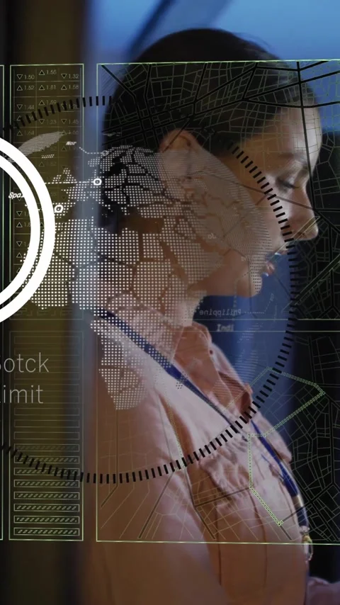Using tablet, woman viewing digital data processing overlay in school setting 库存影片 344285224