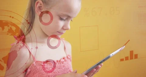 Using tablet, young girl with data visualization animation over orange Stock Footage 305893478