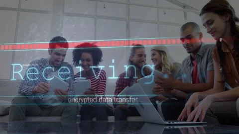 Using tablets and laptops, diverse group in school with data transfer animation Stock Footage 303841813