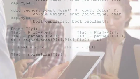 Using tablets and smartphones, people with programming code animation in Stock Footage 330474515