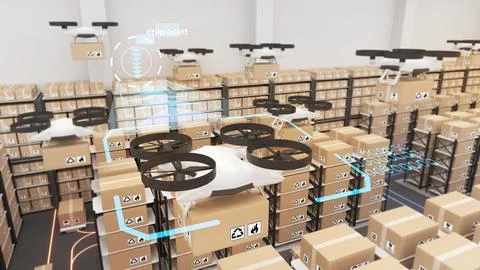Using technology to control warehouse drones, automated delivery drones, ai.. Stock Photos