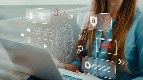 Using technology to create a deep fake with a laptop and digital interface Stock Photos