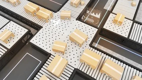 Using technology in warehouses and packaging,Auto-Trailing Systems and Produc Stock Illustration