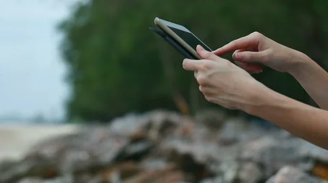 Using Touch Screen Tablet On The Beach Stock Footage 46915115