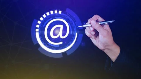 Using touching the At sign icon on virtual touchscreen interface, Email Com.. Stock Photos