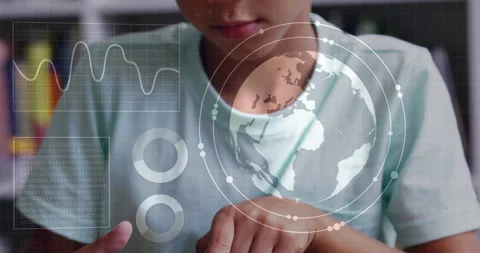 Using touchscreen device, person analyzing global data with animated interface Stock Footage 305063431