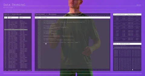 Using transparent code terminal, person standing on purple background with Stock Footage 305827814