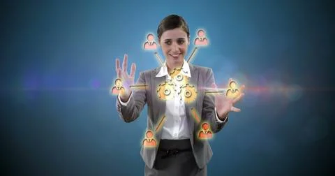 Using virtual network interface, businesswoman connecting digital icons in Foto stock
