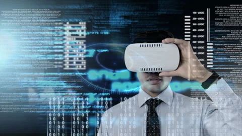 Using virtual reality headset, man exploring digital data and coding animation Stock Footage 311036666