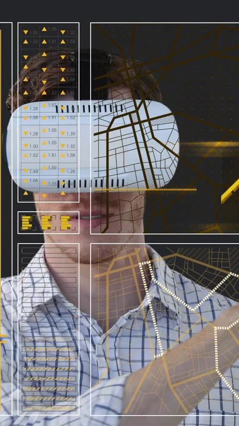 Using virtual reality headset, person interacting with animation data in school Stock Footage 319727531