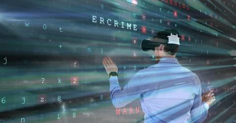 Using virtual reality headset, person interacting with cybercrime data and Photos