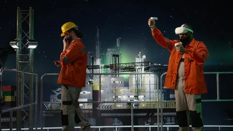 Using virtual reality, oil crisis issues and offshore platform engineer Stock Footage 336196896