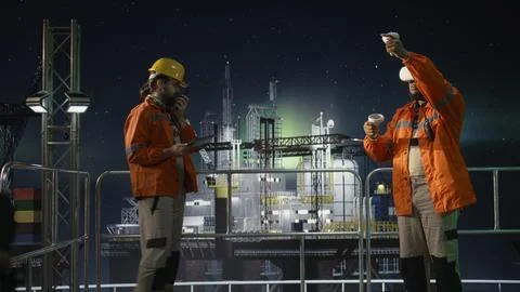 Using virtual reality, oil crisis issues and offshore platform engineer Stock Photos